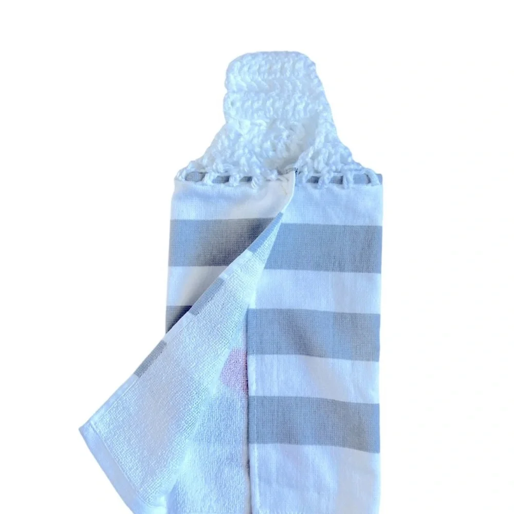 Hand Crafted Gray and White Striped Hanging Hand Towels with Red Wine Design